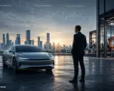 Uomo in giacca guarda un'auto elettrica e grafici finanziari, simbolo del futuro automotive.