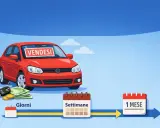 Un'auto rossa con "Vendesi" sul parabrezza, chiavi, soldi e un percorso temporale che va da "Giorni" a "Settimane" fino a "1 Mese". Autobiz semplifica la vendita.
