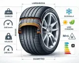 Gomma estiva con indicazioni su carico, velocità, sezione, diametro, stagionalità (M+S) e classe energetica.