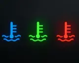 Tre spie luminose su sfondo scuro: blu, verde e rossa, indicano la spia temperatura olio.