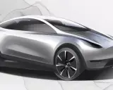 Schizzo di un'auto elettrica compatta, forse la futura Tesla Model 2, con linee aerodinamiche e ruote dal design moderno.