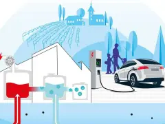 Un'auto elettrica si ricarica, alimentata da un processo che ricorda l'energia vulcanica, con un villaggio sullo sfondo.