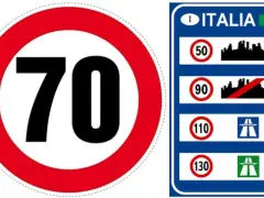 Segnali stradali italiani: limite autostrada 70 km/h, 50, 90 (fine limite), 110 e 130 km/h.