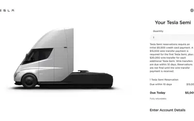 Il camion Tesla Semi, con un deposito iniziale di $5.000, mostra il prezzo e i dettagli di prenotazione.