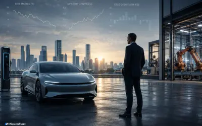 Uomo in giacca guarda un'auto elettrica e grafici finanziari, simbolo del futuro automotive.