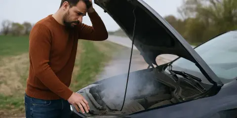 Uomo preoccupato guarda il fumo uscire dal cofano aperto, la vaschetta radiatore si svuota.