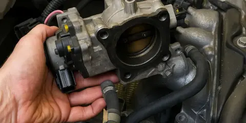 Mano che tiene il corpo farfallato, componente essenziale per il controllo del motore.