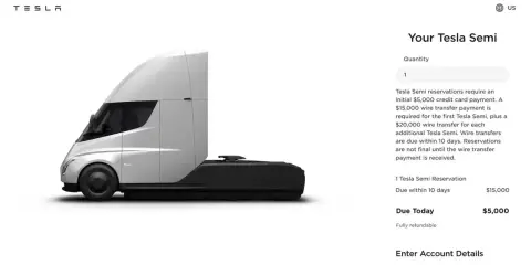 Il camion Tesla Semi, con un deposito iniziale di $5.000, mostra il prezzo e i dettagli di prenotazione.