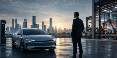 Uomo in giacca guarda un'auto elettrica e grafici finanziari, simbolo del futuro automotive.