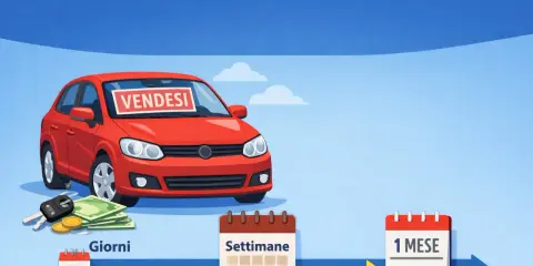 Un'auto rossa con "Vendesi" sul parabrezza, chiavi, soldi e un percorso temporale che va da "Giorni" a "Settimane" fino a "1 Mese". Autobiz semplifica la vendita.