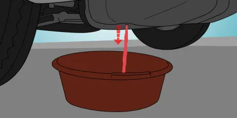 Liquido rosso scende dal serbatoio dell'auto in una bacinella. Illustrazione su come svuotare serbatoio auto.