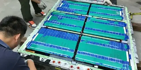 Un tecnico lavora su un pacco batteria, con celle verdi e blu che ricordano una blade battery.