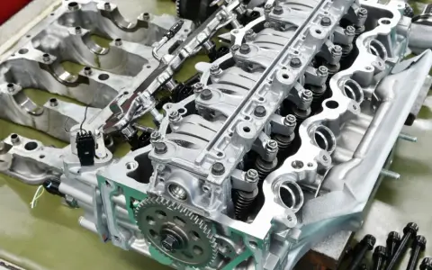 Parti di un motore rigenerato, con pistoni, valvole e ingranaggi in primo piano.