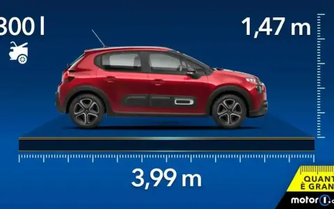 Citroën C3: 3,99 m di lunghezza, 1,47 m di altezza e 300 litri di bagagliaio. Le dimensioni perfette per la città.