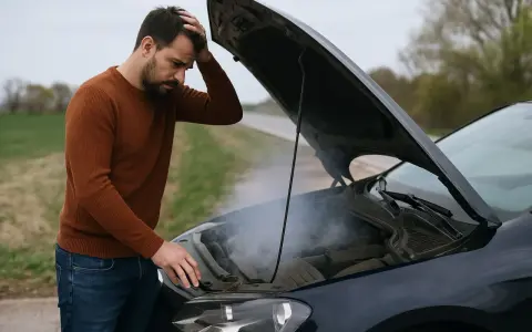Uomo disperato con cofano aperto, fumo denso e puzza di bruciato macchina. Problema meccanico sul ciglio della strada.