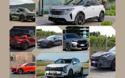 Vari SUV sportivi in diverse ambientazioni: un'auto grigia su sterrato, una bianca davanti a un edificio moderno, una rossa vista da dietro, una grigio scuro con dettagli arancioni, una grigio argento, un'arancione vicino a un muro di mattoni e una bia...
