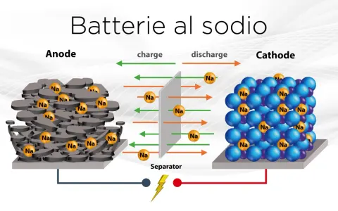 Schema di una batteria al sodio: ioni Na si muovono tra anodo e catodo durante carica/scarica.