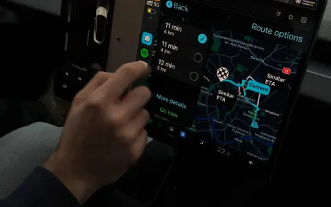 Navigazione in un'auto Tesla con Apple CarPlay, visualizza le opzioni di percorso e la mappa.