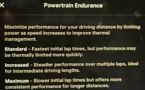 Impostazioni Tesla per la gestione termica del powertrain, ideali per la guida su **tesla track**.