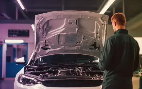 Meccanico osserva il motore aspirato, capendo il suo significato e funzionamento.