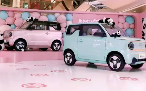 Due Geely Panda rosa e azzurra, circondate da palloncini e peluche di panda, in un allestimento a tema.