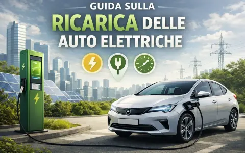 Guida alla ricarica delle auto elettriche: una stazione di ricarica verde, pannelli solari e un'auto bianca in carica, con la città sullo sfondo. Le auto elettriche 2026 sono il futuro.
