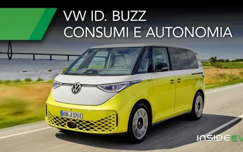 Volkswagen ID. Buzz giallo e bianco in corsa, con testo "Consumi e Autonomia". Un viaggio elettrico senza pensieri.