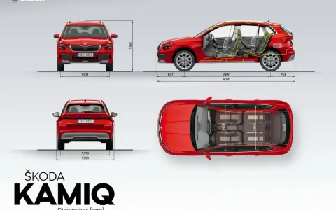 Skoda Kamiq dimensioni: vista frontale, laterale e dall'alto con misure in mm. Un SUV compatto e spazioso.