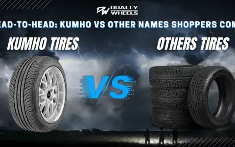 Kumho tire on a silver rim vs. a stack of other tires, with a stormy sky background.