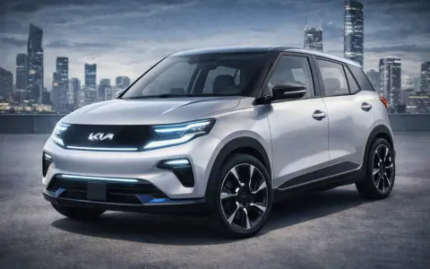 La Kia EV1, un'auto elettrica dal design futuristico, si staglia contro uno skyline urbano al tramonto.