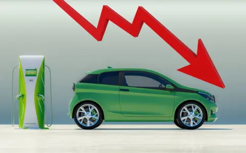 Freccia rossa in picchiata su un'auto elettrica verde vicino a una colonnina di ricarica, simbolo di un flop.