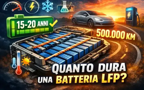 Batteria LFP: 15-20 anni, 500.000 km. Un'auto elettrica in carica con un pacco batterie LFP in primo piano.