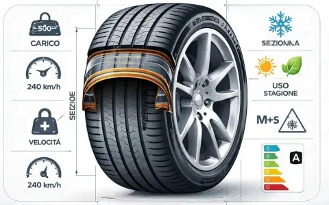 Gomma estiva con indicazioni su carico, velocità, sezione, diametro, stagionalità (M+S) e classe energetica.
