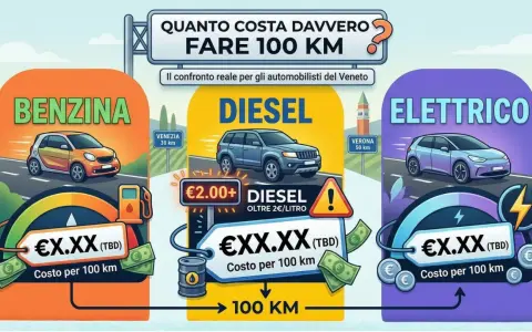Confronto costi per 100 km: benzina, diesel e auto elettrica. Il consumo auto elettrica è in evidenza.