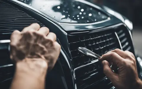 Mani che lavorano per togliere graffi auto profondi fai da te, lucidando la griglia con cura.