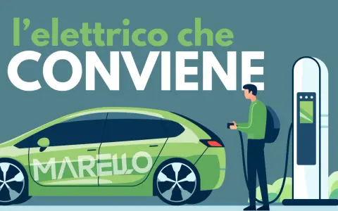 Un uomo con zaino collega un veicolo elettrico verde a una colonnina di ricarica. Il testo "l'elettrico che CONVIENE" è in primo piano.