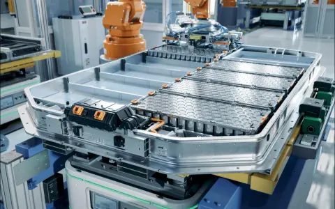 Assemblaggio di batterie del futuro in una fabbrica automatizzata. Un robot industriale lavora su un pacco batterie per veicoli elettrici.