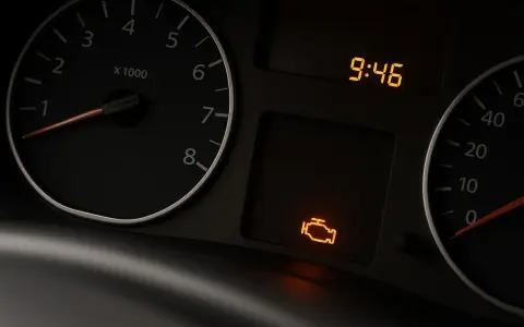 Cruscotto auto con spia motore rossa accesa ma la macchina va bene. L'ora segna 9:46.