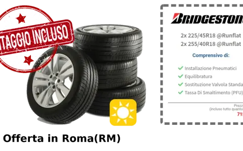 Offerta Bridgestone: 4 gomme Runflat, montaggio, equilibratura e smaltimento inclusi. Il costo cambio gomme è 715,00€.