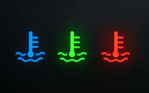 Tre spie luminose su sfondo scuro: blu, verde e rossa, indicano la spia temperatura olio.