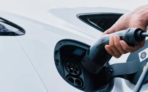 Mano inserisce la spina per trasformare l'auto in elettrica. Ricarica di un veicolo a zero emissioni.