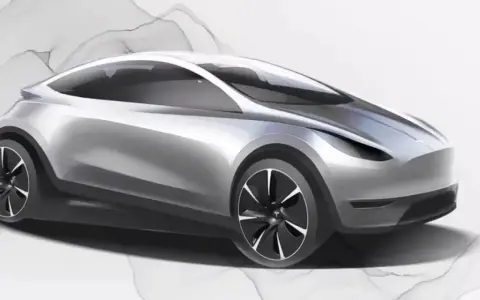 Schizzo di un'auto elettrica compatta, forse la futura Tesla Model 2, con linee aerodinamiche e ruote dal design moderno.