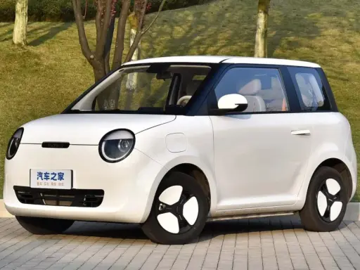 Auto elettrica piccola 4 posti, bianca, con tetto nero, parcheggiata su un vialetto pavimentato con alberi sullo sfondo.