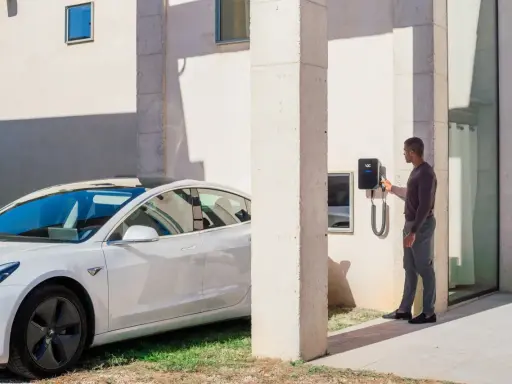 Uomo accanto a un'auto elettrica bianca, che interagisce con una wallbox V2C. Un bonus per la ricarica intelligente.