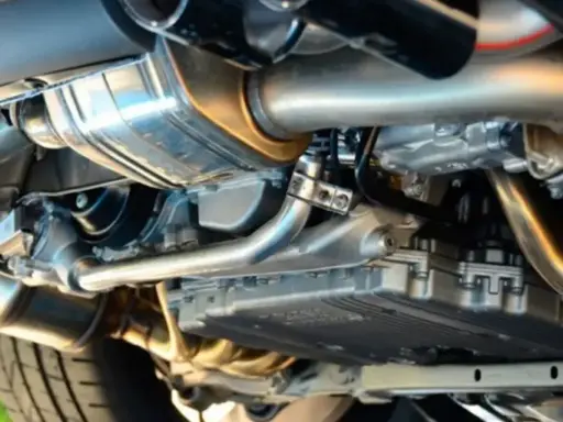 Dettaglio del sistema di scarico di un'auto, con il tubo di scappamento auto lucido e altri componenti metallici.