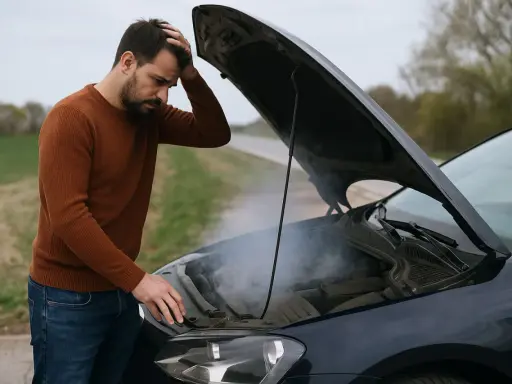 Uomo preoccupato guarda il fumo uscire dal cofano aperto, la vaschetta radiatore si svuota.