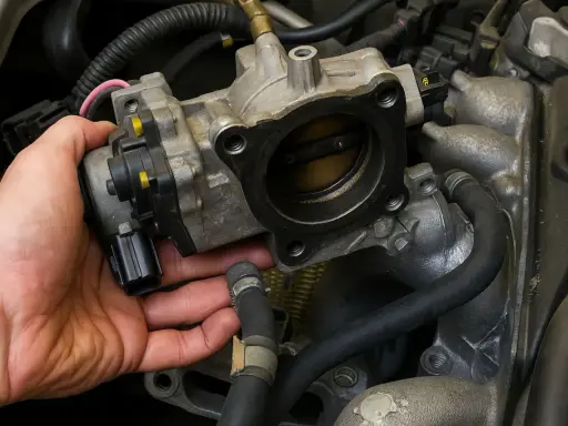 Mano che tiene il corpo farfallato, componente essenziale per il controllo del motore.