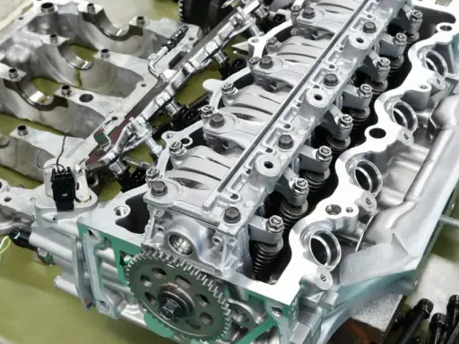 Parti di un motore rigenerato, con pistoni, valvole e ingranaggi in primo piano.