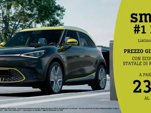 La nuova smart #1 PRO, un SUV elettrico grigio con dettagli gialli, in offerta a partire da 237€ al mese.