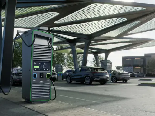Moderne colonnine ricarica auto elettriche sotto una pensilina con pannelli solari. Diverse auto in carica.